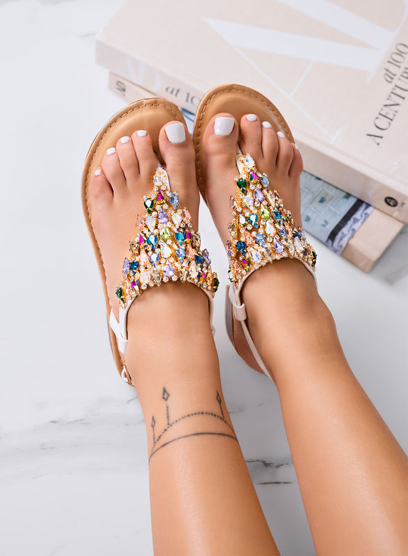 EDDIE - Sandali bianchi gioiello bassi con pietre multicolor