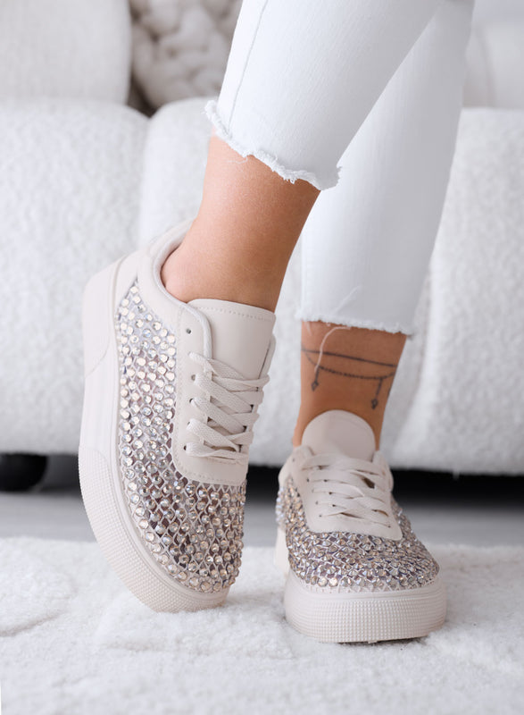 CASSANDRA - Sneakers Beige con Strass e Dettagli Luminosi