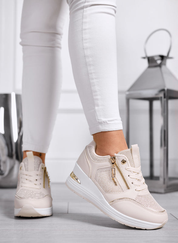 GEMMA - Beige Sneakers with Side Zip and Mesh Inserts