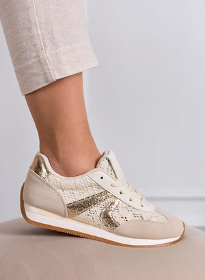 GIULIANA - Sneakers beige con pizzo e inserti oro