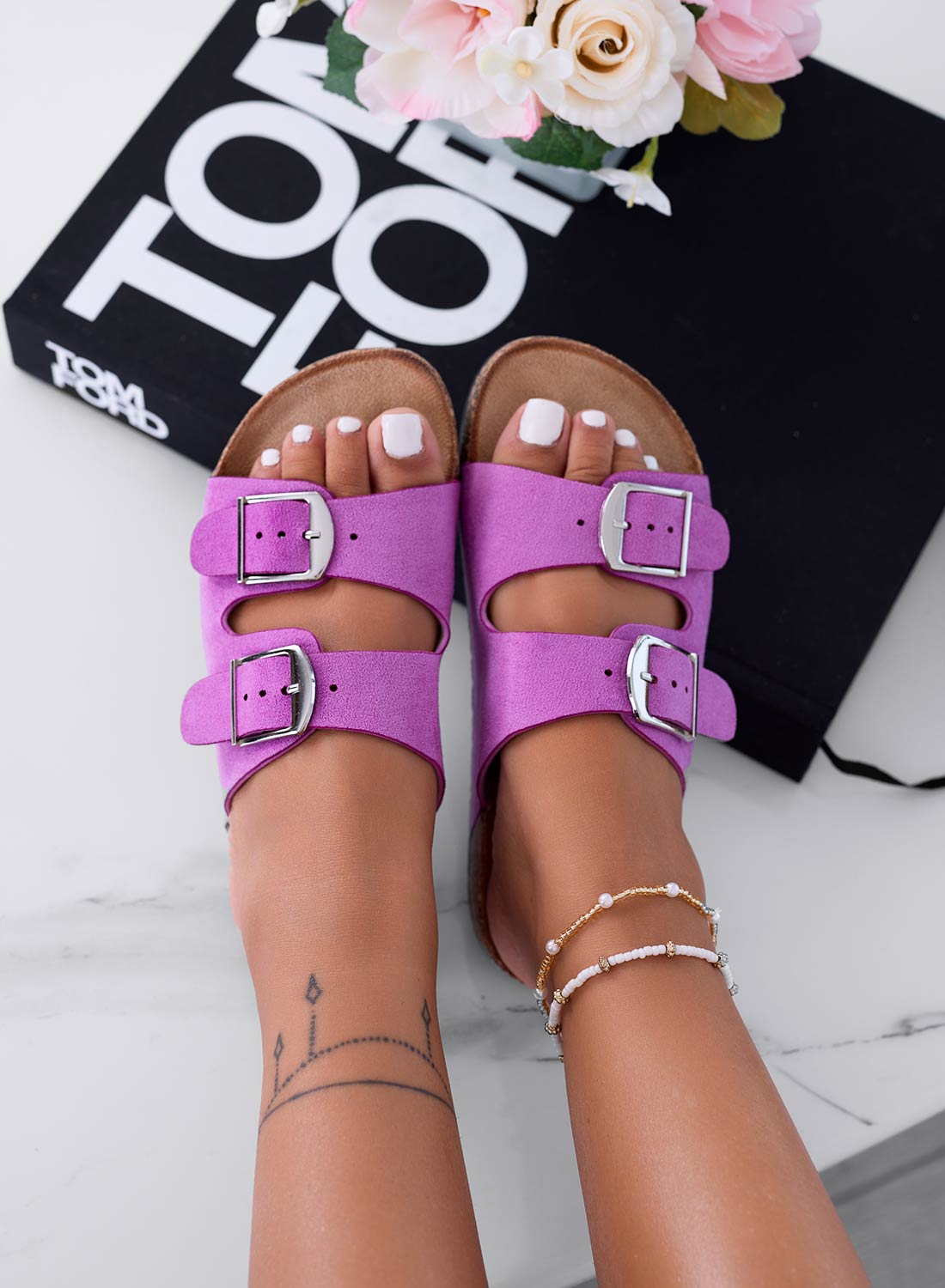 ROXY - Purple suede slide sandals with buckles
