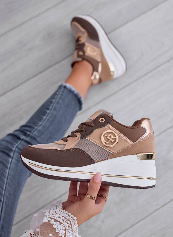 ROSALBA - Sneakers marroni con inserti laminati bronzo