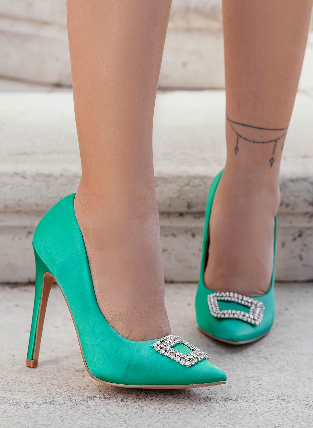 JANET - Green satin pumps by Alexoo with jewel embellishment
