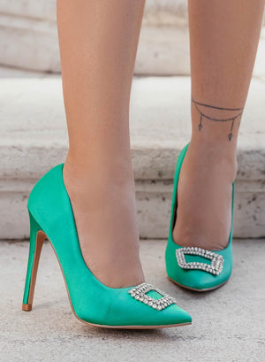 JANET - Green satin pumps by Alexoo with jewel embellishment