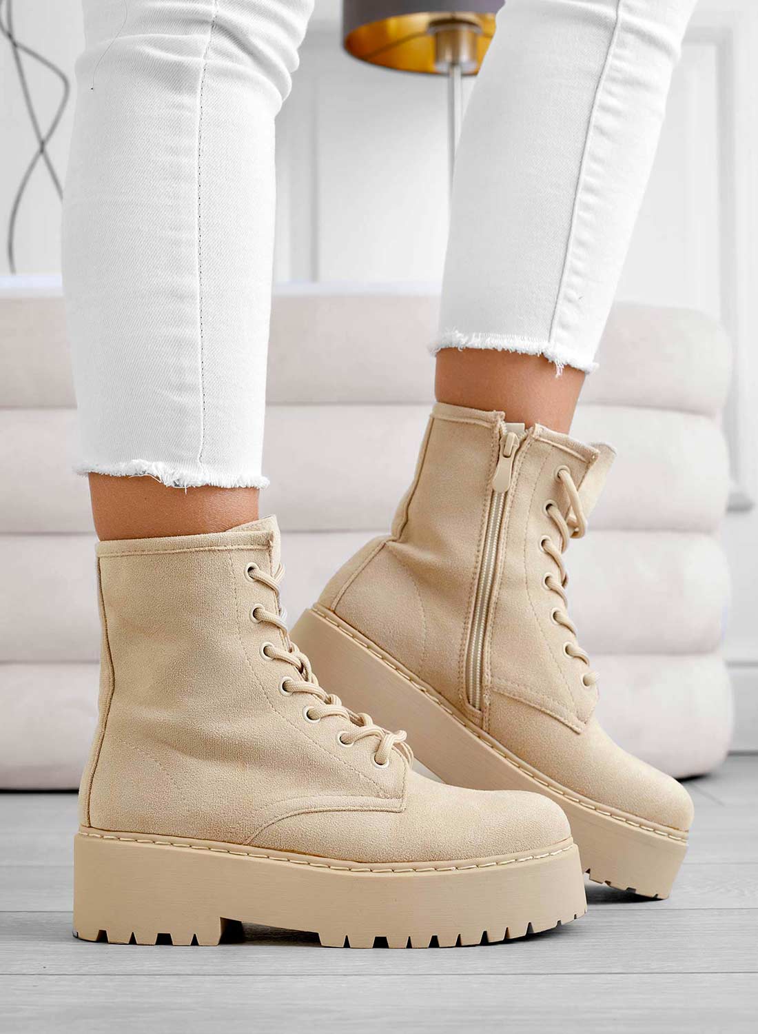 YARA - Beige suede combat ankle boots Alexoo