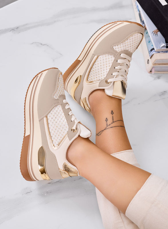 MELEK - Sneakers beige con inserti oro e suola platform