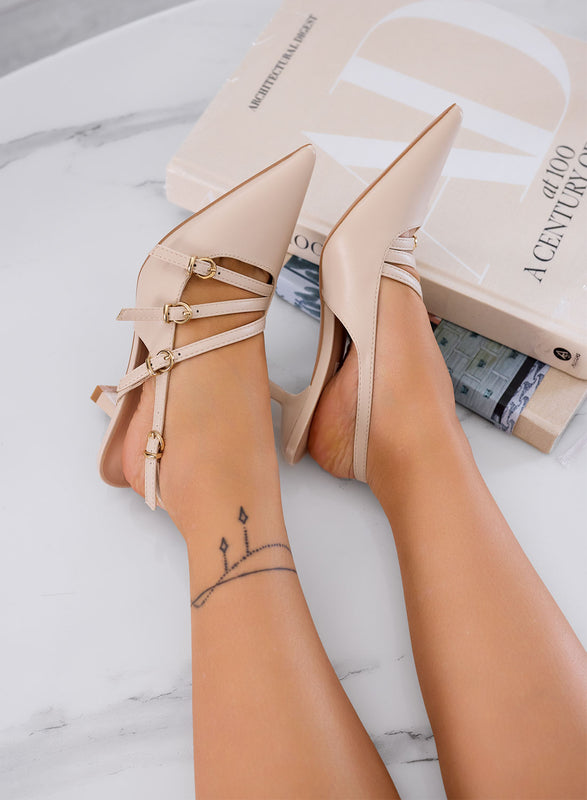 FAUSTA - Décolleté beige slingback con cinturini sottili e tacco a rocchetto