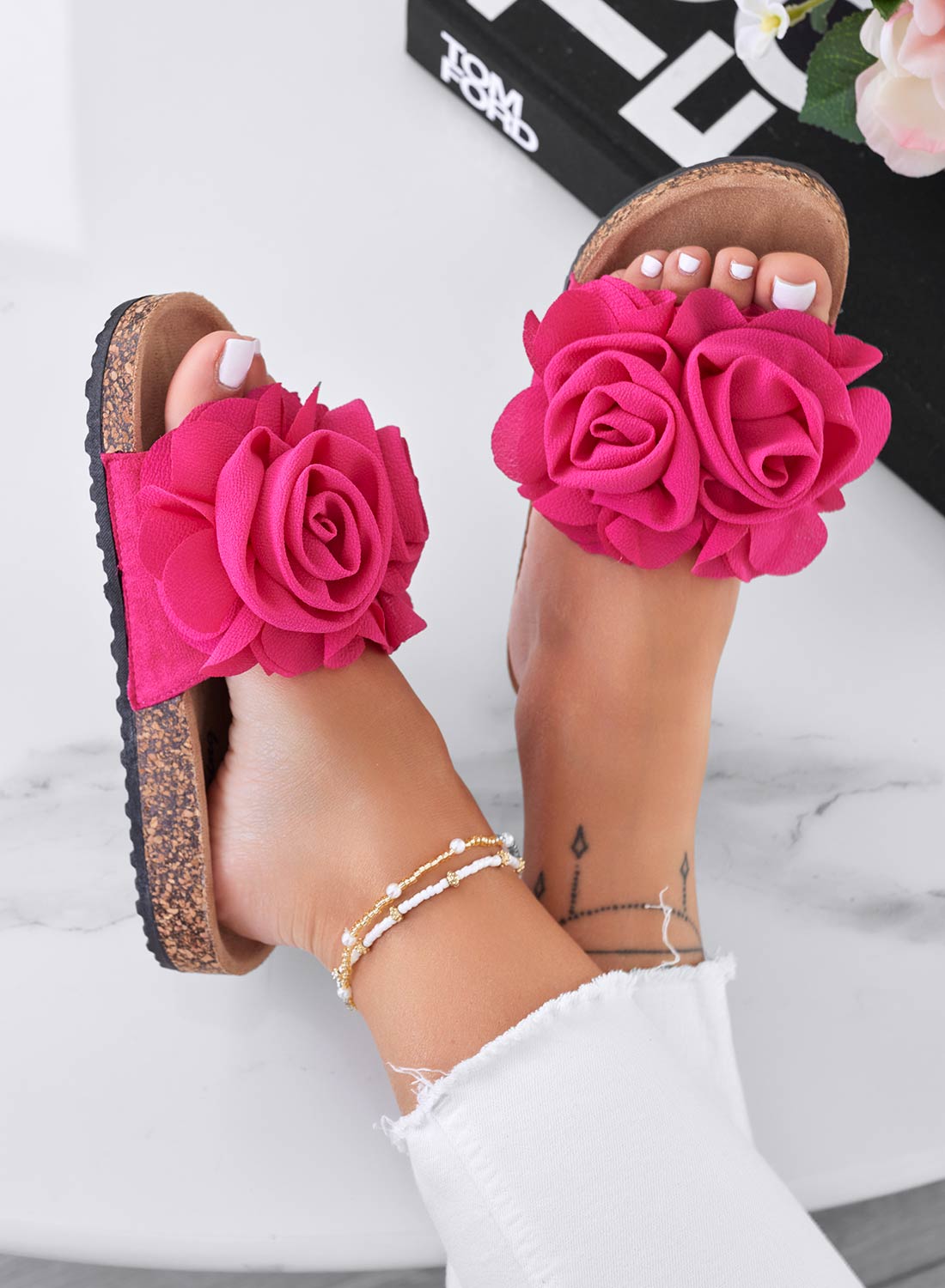 SUMMER - Fuchsia slide sandals with applied flowers