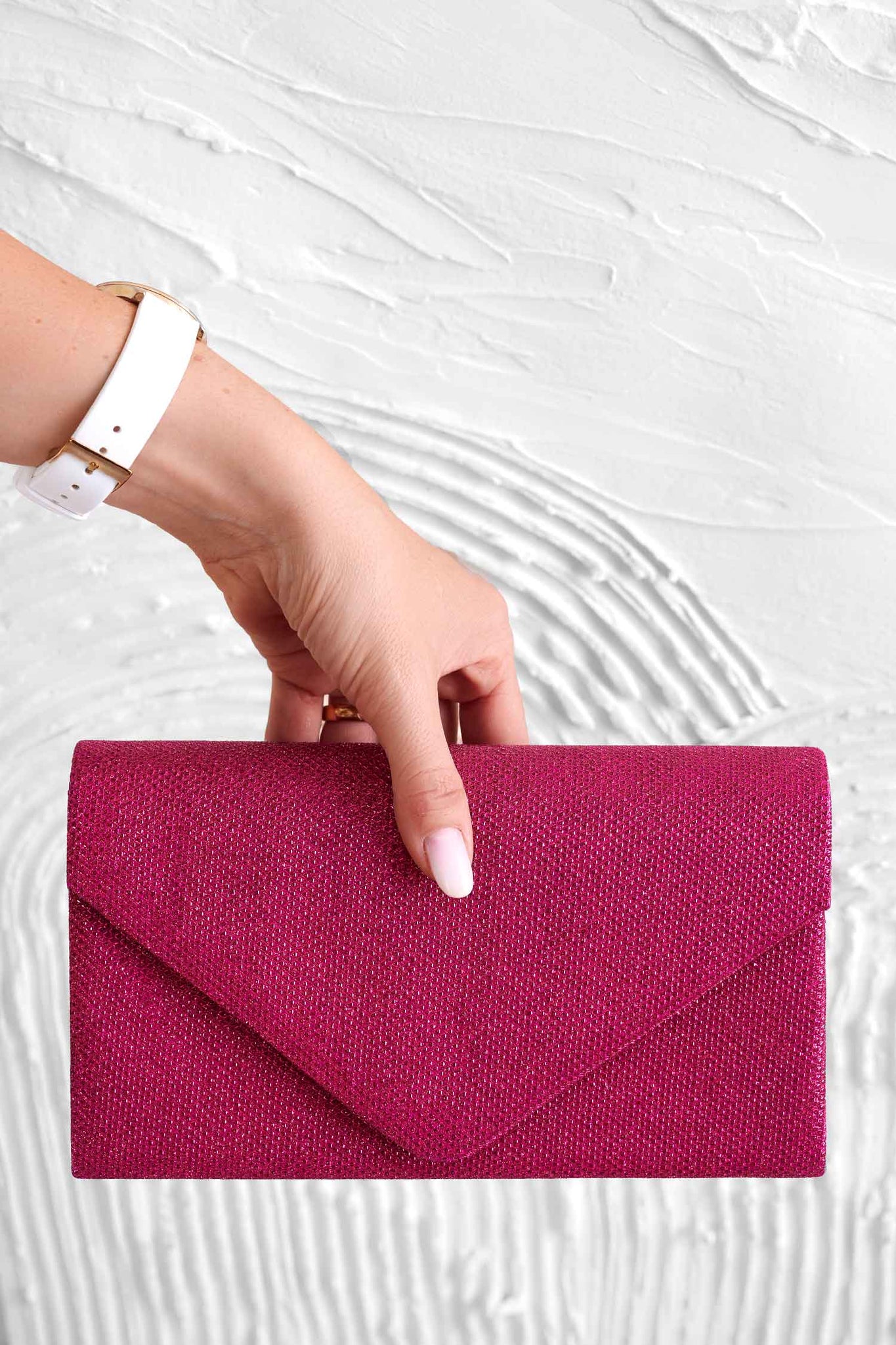 B221 fuchsia glitter clutch bag