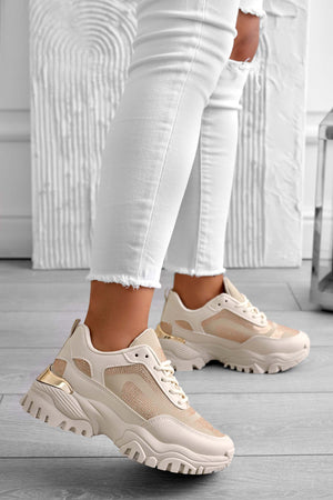 Beige sneakers with thick sole and rhinestones