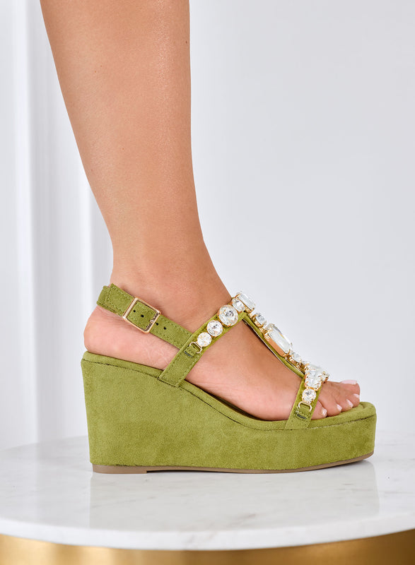 JENNIFER - Green jeweled wedge sandals