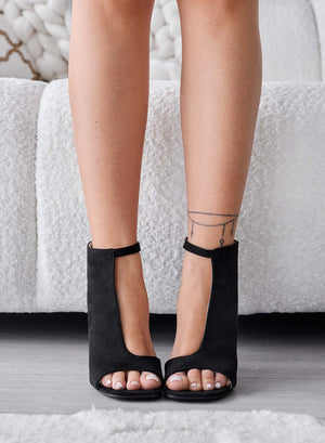 NEDAN - Black suede ankle sandals with inner neckline and heel
