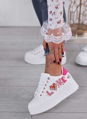 MIRTA - White sneakers with fuchsia heel and "love" lettering