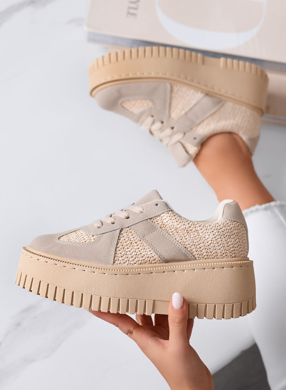SHELBY - Beige Platform Sneakers with Fabric Inserts