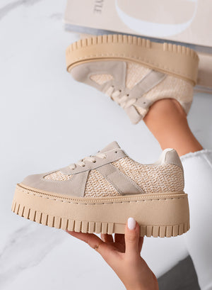 SHELBY - Beige Platform Sneakers with Fabric Inserts