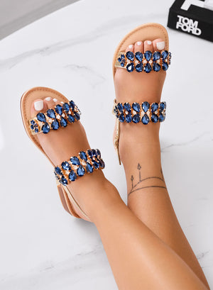 YASMINE - Low Gold Sandals with Blue Jewel Stones and Strap