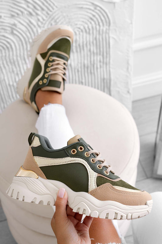 MELANIA - Sneakers verdi con suola alta e pannelli a contrasto