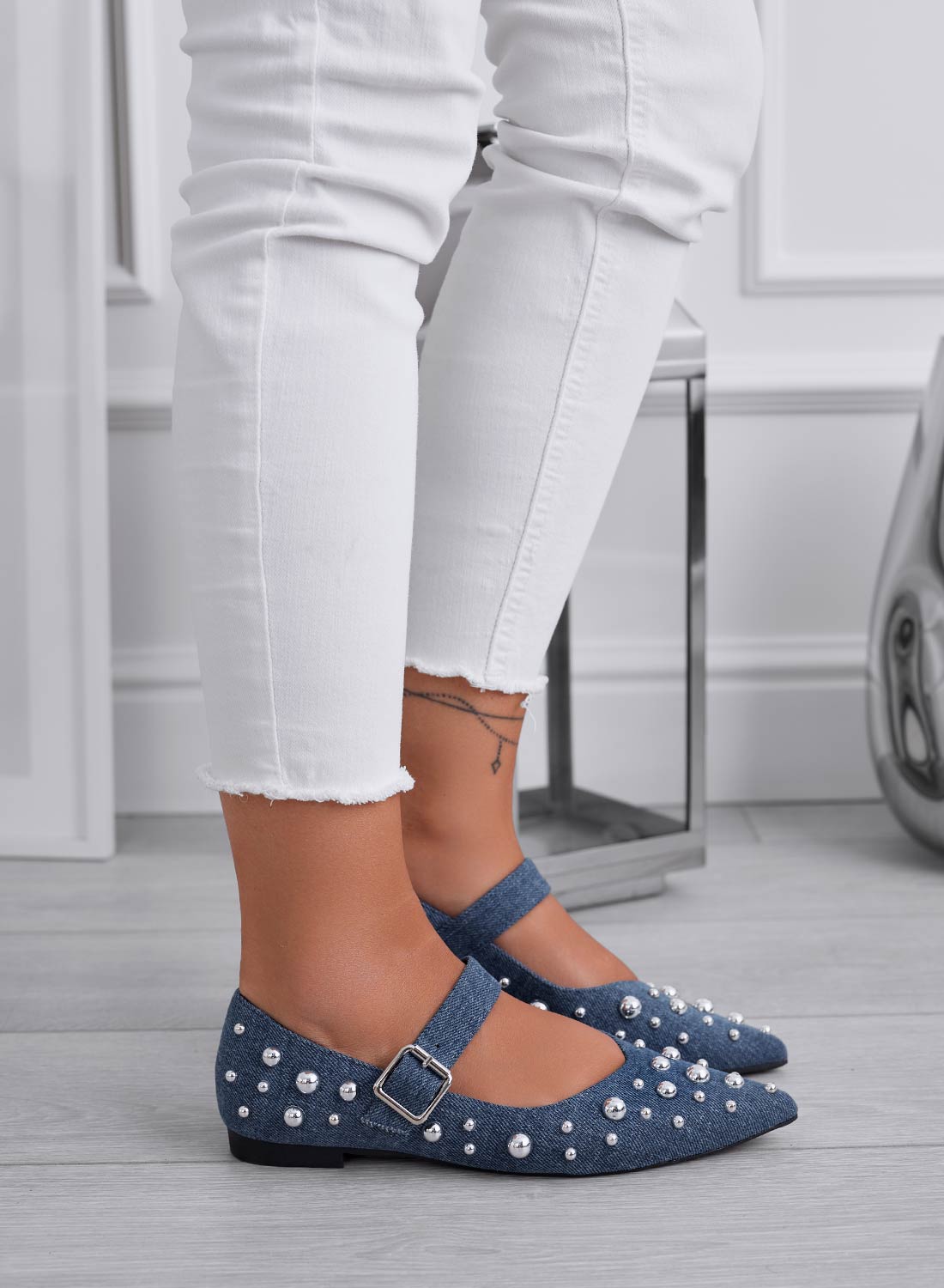 FRANCA - Blue denim pointed ballerinas with silver sphere studs