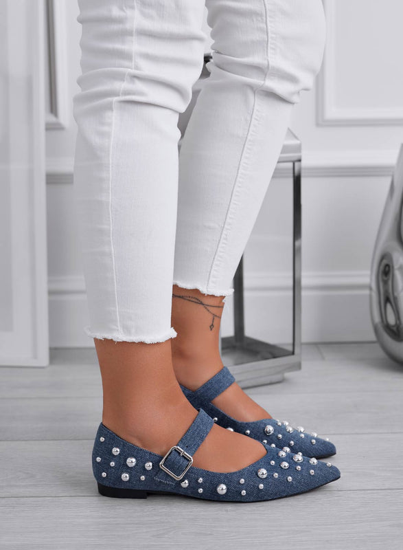 FRANCA - Ballerine blu jeans a punta con borchie a sfera argento