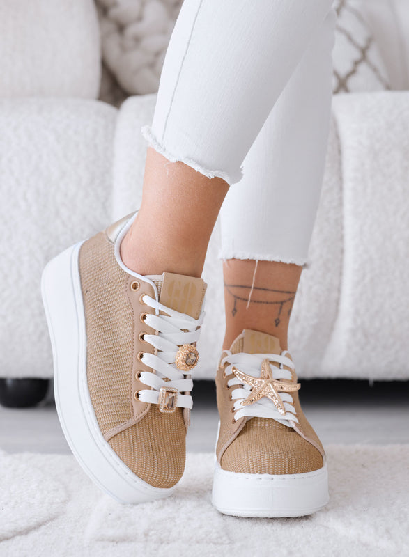 LINDA - Sneakers fango con Applicazioni Gioiello oro e Suola Platform
