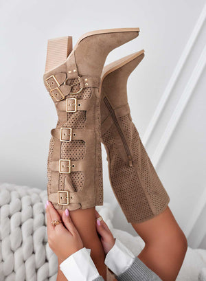 SERA - Khaki perforated camper boots with gold buckles