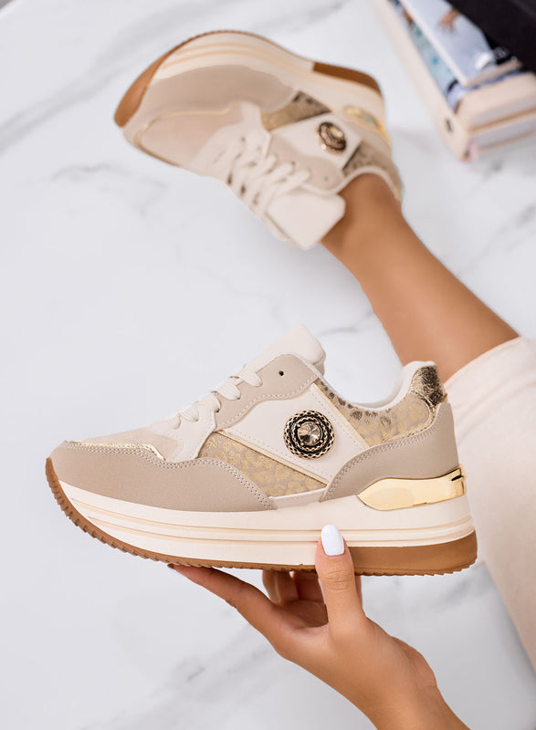 BAHIA - Sneakers beige con applicazione gioiello e suola platform