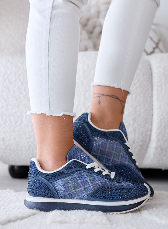 LORENA - Sneakers Blu con Pizzo e Strass Luminosi