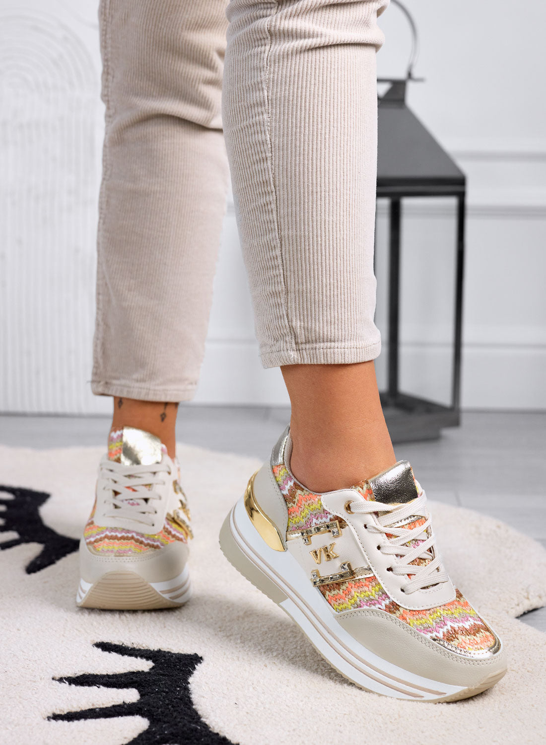 ASIA - Beige sneakers with multicolor fabric inserts