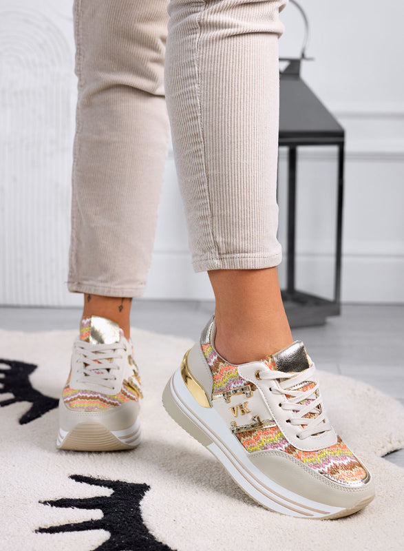 ASIA - Sneakers beige con inserti in tessuto multicolor