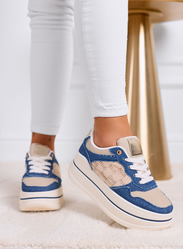 LOREDANA - Sneakers blu jeans con dettagli beige e maxi suola platform