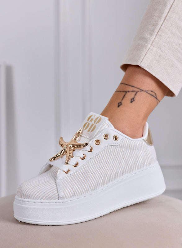 LINDA - White sneakers with gold jewel embellishments and platform sole