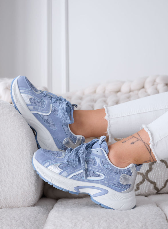 LINA - Baskets bleues avec lacets en dentelle et semelle épaisse