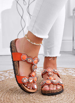 JOY - Flat orange slide sandals with stones