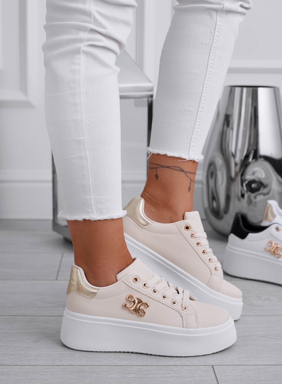 ANNARITA - Beige sneakers with gold heel and detail