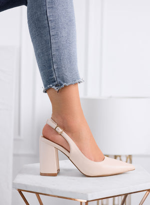 ANGELICA - Beige pointed slingback pumps with block heel