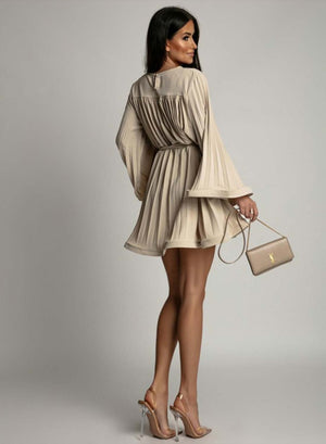 Beige pleated dress with waist tie