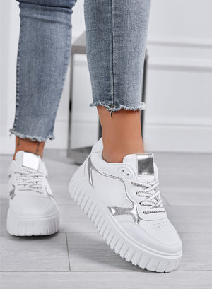 PAMELA - Sneakers bianche platform con dettagli argento