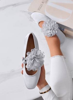 ATHENA - Elegant Silver Satin Ballet Flats with Decorative Flower