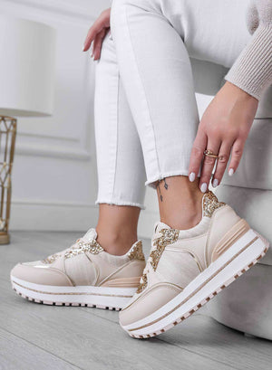 Beige sneakers with gold glitter inserts