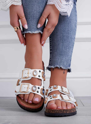 GIULIA - White sandal slippers with stones and buckles