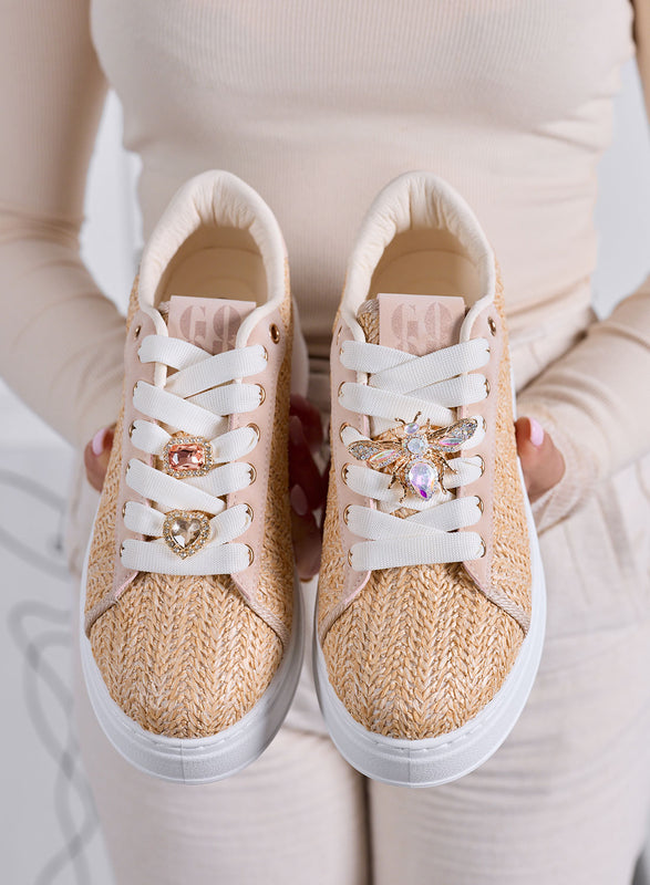 VENERE - Beige woven sneakers with jeweled bee appliqué