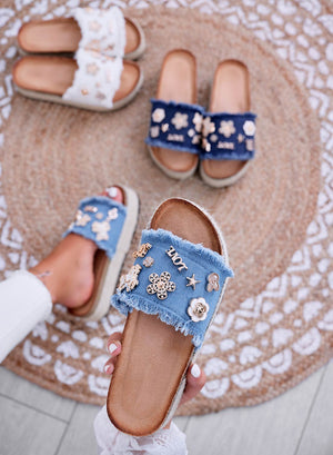 COLEEN - Blue denim slide sandals with gold embellishments