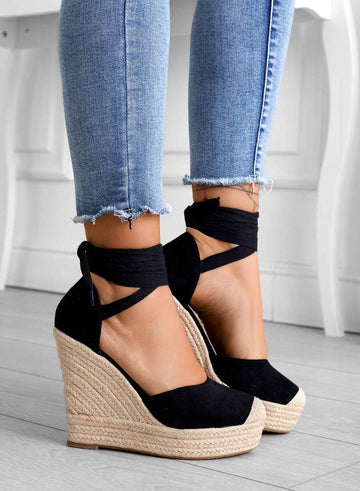AMBRA - Black espadrilles with rope wedge and lace