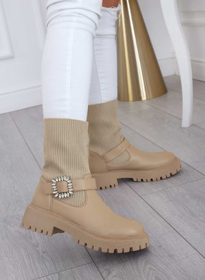 Beige fabric ankle boots with jeweled buckle