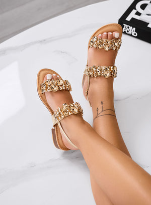 LUCIANA - Low gold sandals with double strap and maxi rhinestones