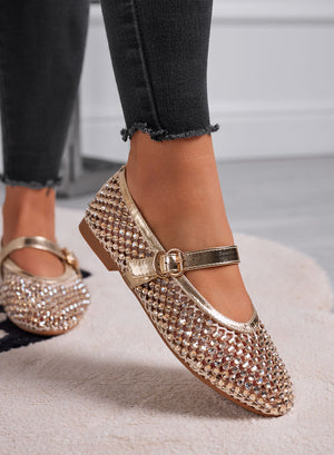 LAVINIA - Gold ballet flats with rhinestones and adjustable strap