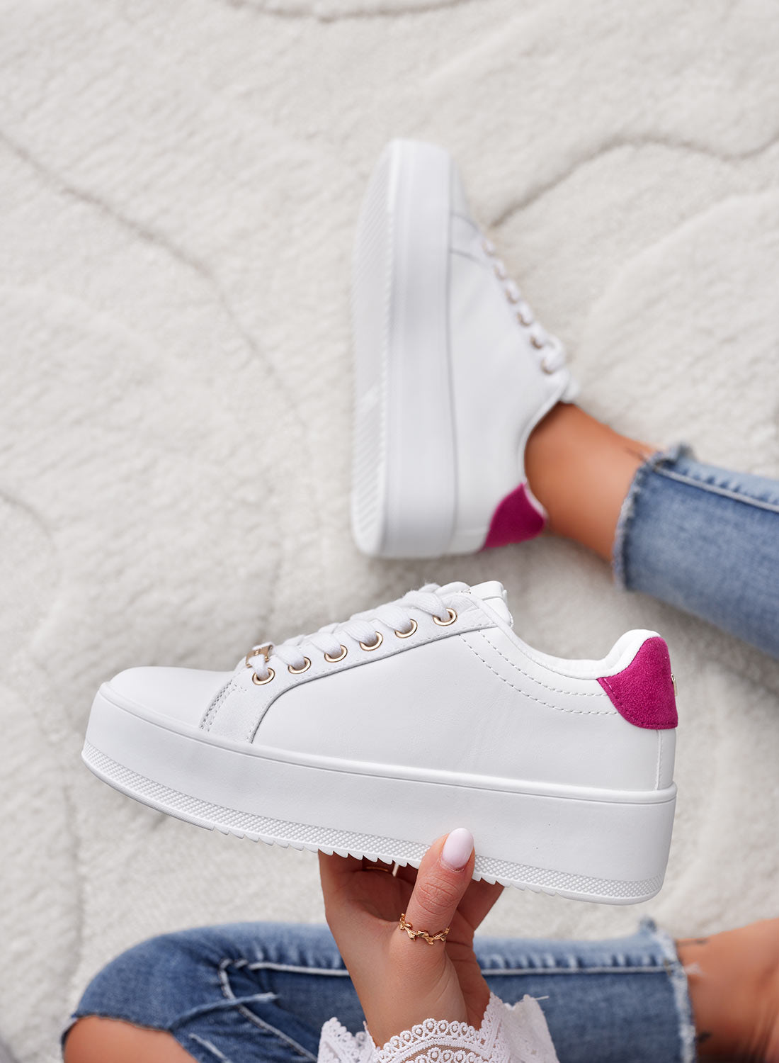 CARRY - White Alexoo Sneakers with gold details and fuchsia back