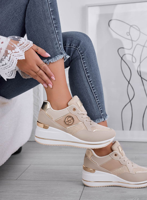 ROSALBA - Sneakers beige con inserti laminati oro