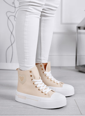 LARA - Beige high-top sneakers with platform sole and heart detail