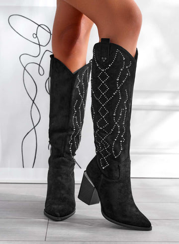 VERONICA - Black suede boots with rhinestones